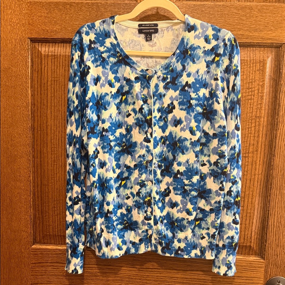 Lands' End  Blue Multicolor 100% Supima Cotton Cardigan Large
